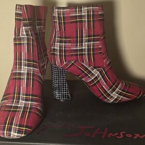 Betsey Johnson Red Plaid Heeled Boots